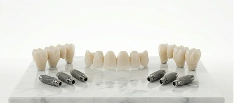 Full arch 3-on-6 dental implant restoration displayed with six implants and custom prosthetic teeth on a clean white surface.