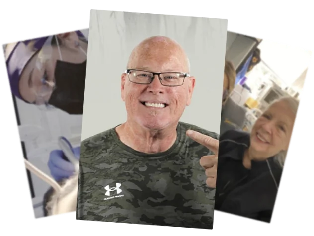 Happy All-on-4 dental implant patient holding photos documenting her smile transformation journey.