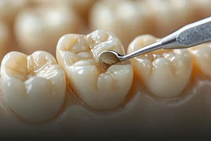 Close-up of ceramic dental restorations prepared inside the in-house dental laboratory.