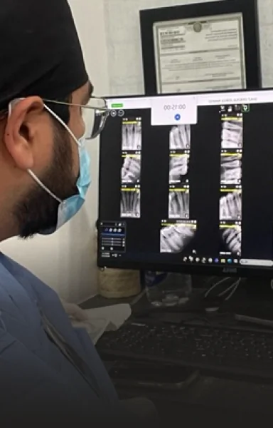 Dentist reviewing digital images to plan custom dental crowns treatment.