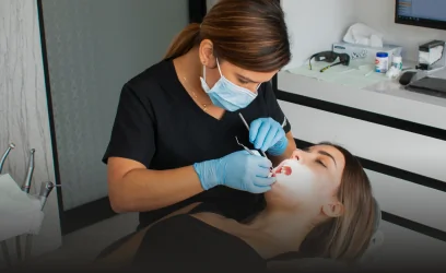 Dr. Alejandra, wearing a surgical mask and blue gloves, using dental hand instruments to perform a checkup on a female patient in a dental chair.