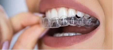 Patient placing a clear aligner for comfortable and nearly invisible orthodntic treatment.