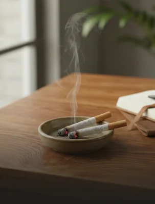 Lit cigarettes in an ashtray with rising smoke, illustrating how tobacco use affects dental enamel.