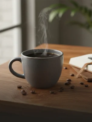 Steaming cup of black coffee on a table with scattered coffee beans, representing common dietary causes of tooth staining.