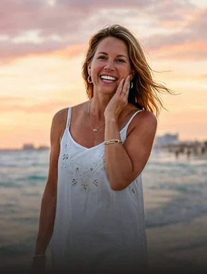 Happy woman smiling against a coastal sunset, representing the natural changes in tooth appearance that occur over time.