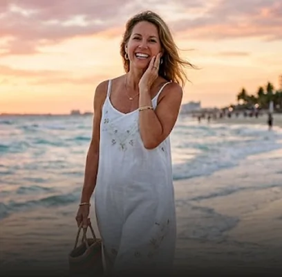 Confident woman showing off her radiant new smile on the beach after a successful full mouth dental restoration.